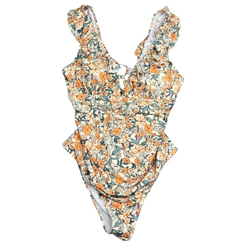 Cupshe Swimsuit Womens XL One Piece Floral Ruffle Tie Front Cutout Swim Bathing
